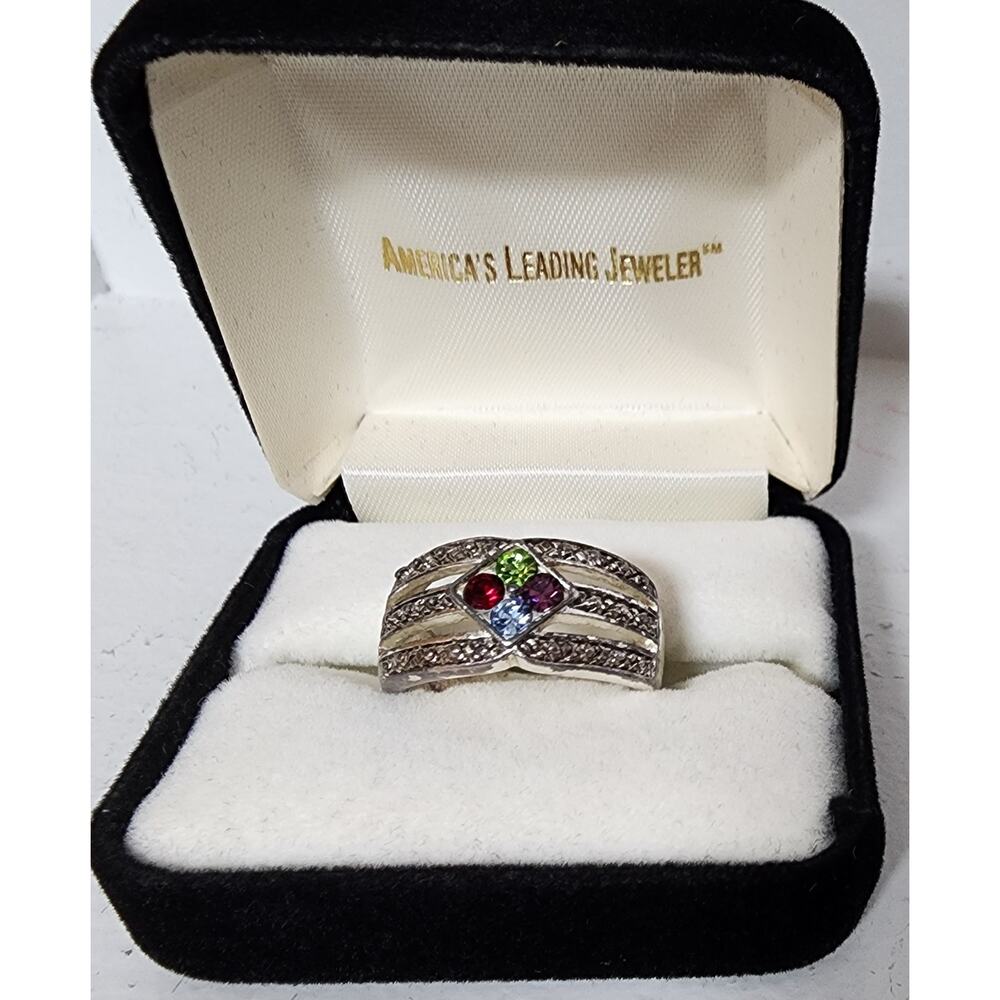 Vintage Silver Multi‑Gemstone Ring Size 9.75 w/ Box – Colorful Cluster Design